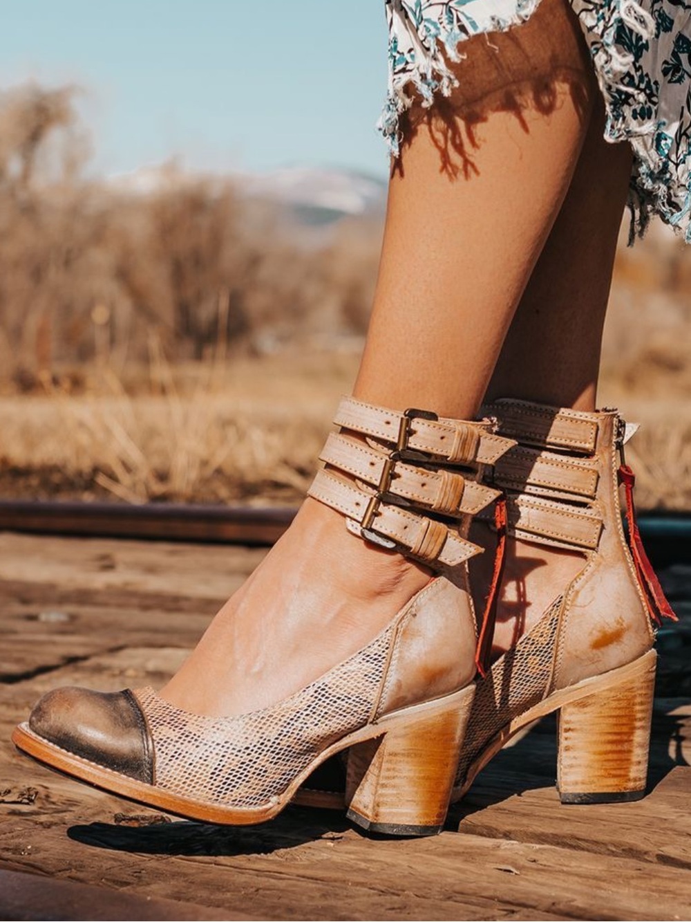 Freebird by Steven Bonnie Two-Tone Buckle Strap Heeled Ankle BootsSize 8